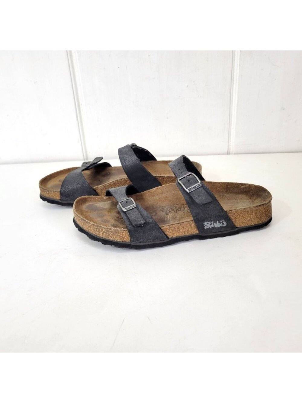 Birkis Birkenstock Women's Black Double-Strap Sandals With Contoured Cork Footbe - Picture 1 of 8